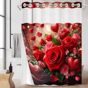 1PC 2D Flat Valentine's Day Heart and Floral Pattern Double-Layer Woven Shower Curtain (No Hooks), Transparent Top Window, Removable Lining with Clips, Modern and Unique Home Bathroom Partition Art Decoration, Bathroom Decor, Flower Pattern