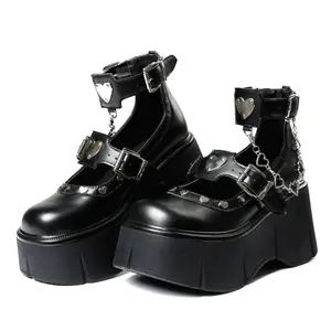 CELNEPHO Womens Mary Jane Shoes Round Toe Platform Sole Gothic Shoes Pumps Ankle Strap Heart Rivets Punk Chain Cosplay Jennifers Body Boots Metallic Heart Chain Buckle Strap Shoes