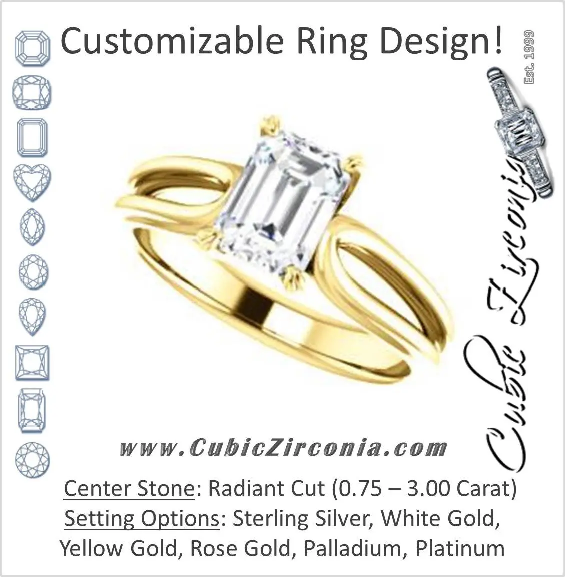 Cubic Zirconia Engagement Ring- The Piper (Customizable Radiant Cut Solitaire with Flared Split-band)