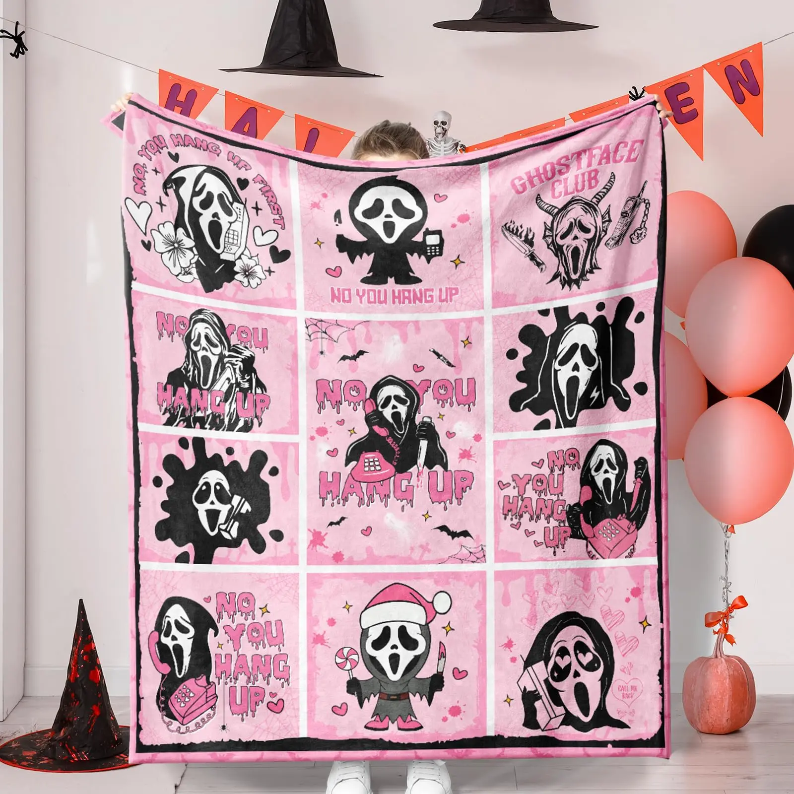 Halloween Throw Blanket, Pink Ghost Face Blanket - Cozy Warm Scary Blanket for Adults, Halloween Non-Hanging Horror Themed Blanket, 60'' x 50''