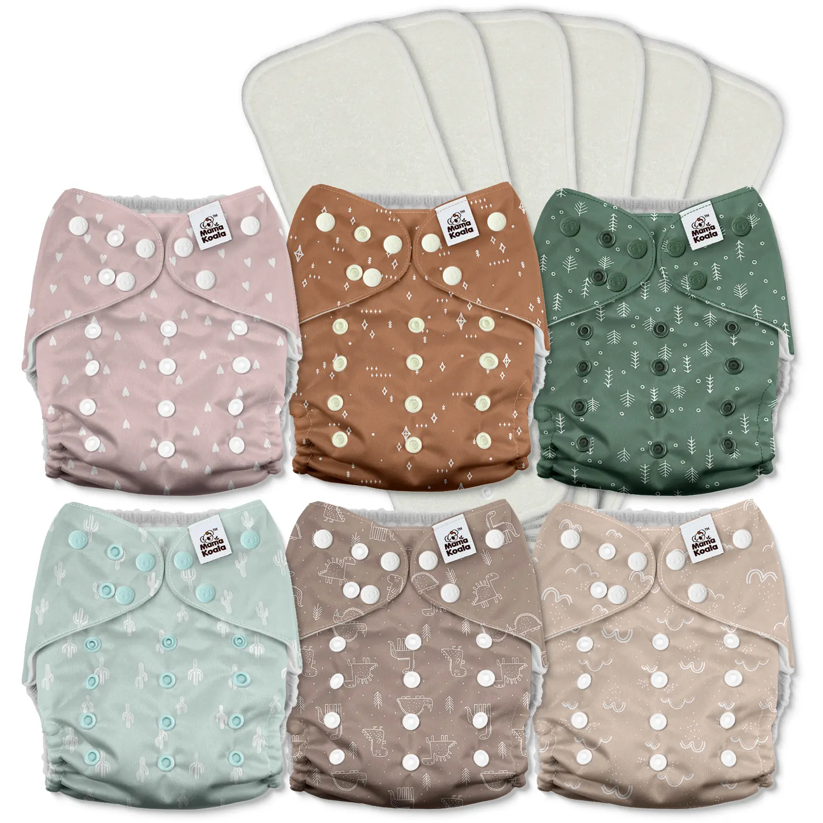 Mama Koala 3.0 Pocket Cloth Diapers for Babies with AWJ Lining, 6 Pack with 6 4-Layer Natural Cloth Diaper Inserts - Reusable and Washable Pocket Diapers(3A0001)
