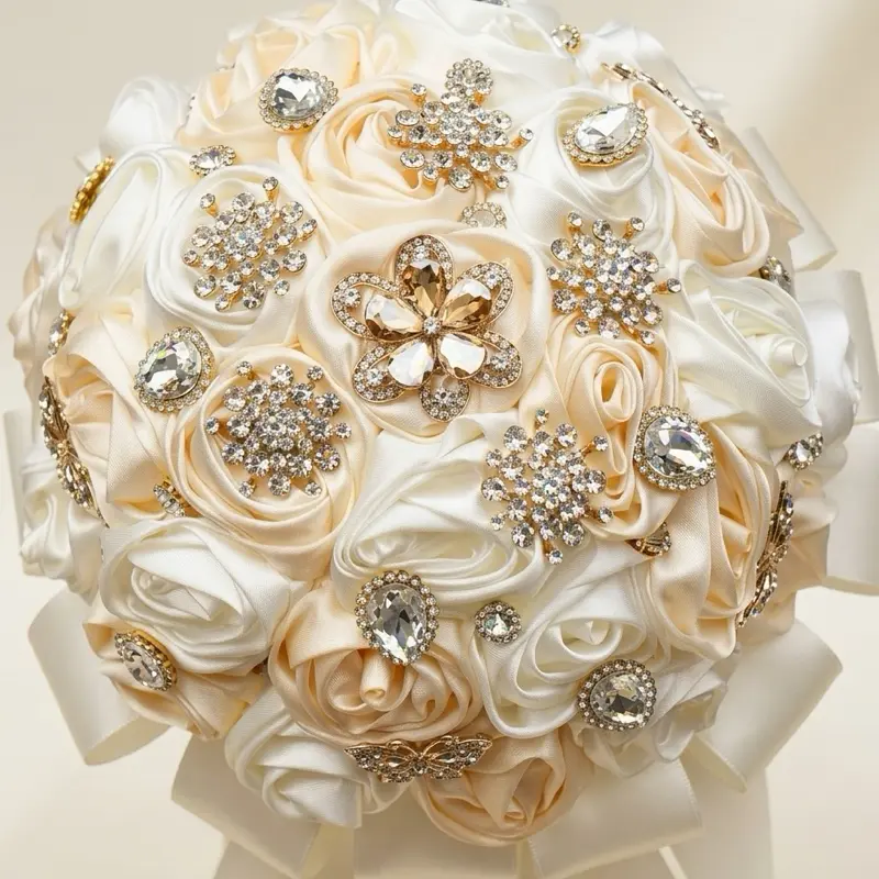 Satin flower bouquet with crystal details for special events and quinceañeras &Novia