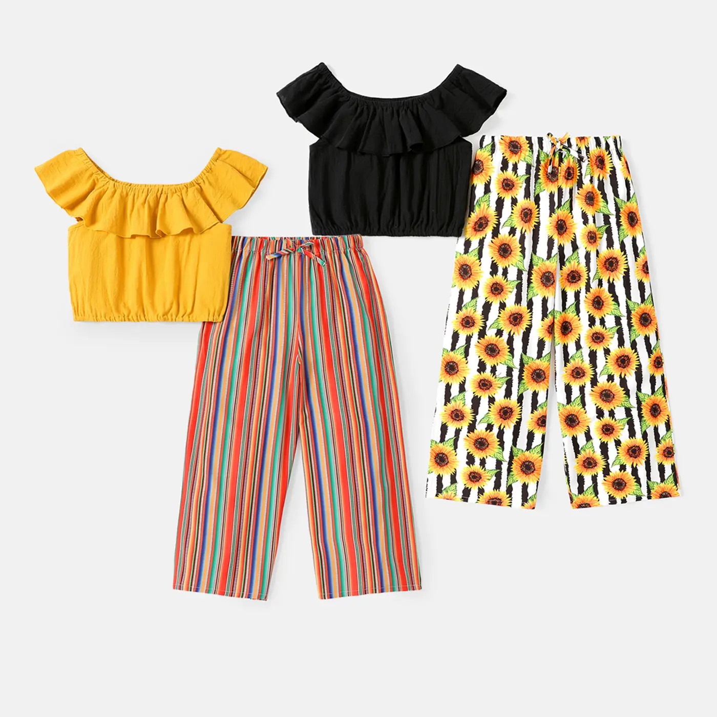 2pcs Tube Top Kids Girl Flounce Off Shoulder Tee and Stripe/Floral Print Pants Set 560661
