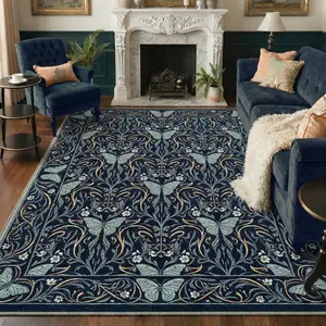 【Summervibes】GENIMO Navy Blue Butterfly Floral Area Rug, Vintage Botanical Design Living Room Carpet, Soft Low Pile Non-Slip Backing, Kid & Pet Friendly, Washable Accent Rug for Bedroom Dining Room Home Decor
