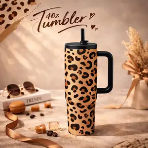1 Pc 40oz Insulated Mug, Double Wall Vacuum Cup Keeps Hot 12 Hours Cold 24 Hours, Leak Proof Lid With Handle And Straw, Large Capacity Skinny Thermal Mug For Hot Cold Drinks, Trendy Leopard Print Design, Aesthetic Gift For Women Men Holiday Travel