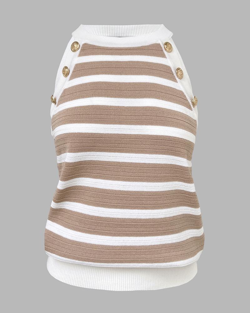 ChicMe Women's Striped Halter Golden Button Decor Tank Causal Sleeveless Breathable Knit Top