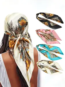 4PCS/set 80*80cm Large Square Head Scarves Silk Like Floral Print Shawl Neck Scarf Bandana Hair Sleeping Head Wrap Fashionable Hair Scarfs for Women
