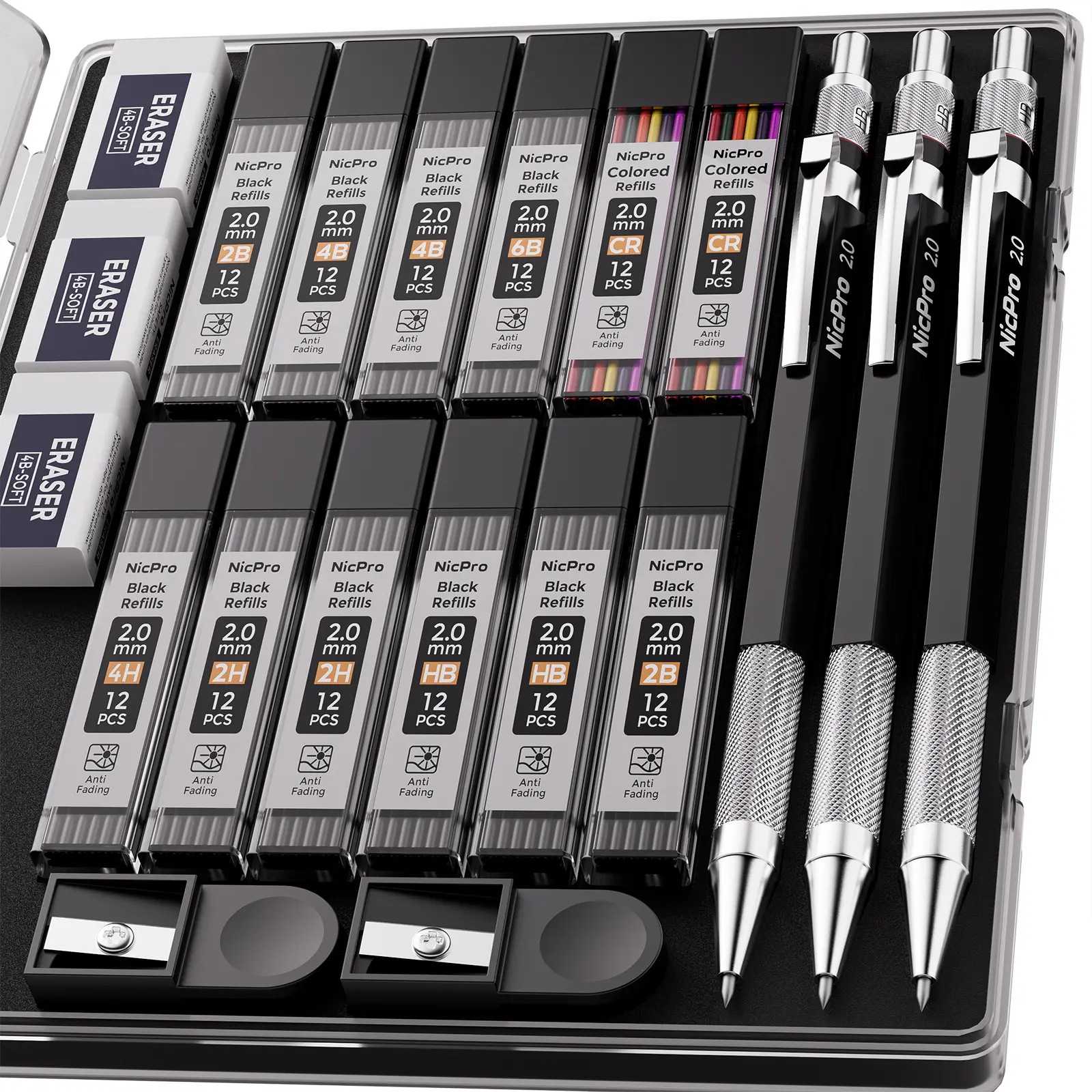 Nicpro 2mm Full-Metal Body Pencil Set with Case, 3 Pencil Holders, 144 Lead Refills (4H,2H,HB,2B,4B,6B), Eraser & Sharpener for Drafting, Drawing, Full-Metal Body Pencils, Pencil Set Pencils
