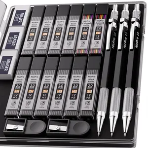 Nicpro 2mm Metal Mechanical Pencil Set with Case, 3Pack Lead Pencil Holder 2.0 mm with 144Pack Lead Refills (4H 2H HB 2B 4B 6B Color), Eraser, Sharpener for Drafting Writing Drawing Sketching