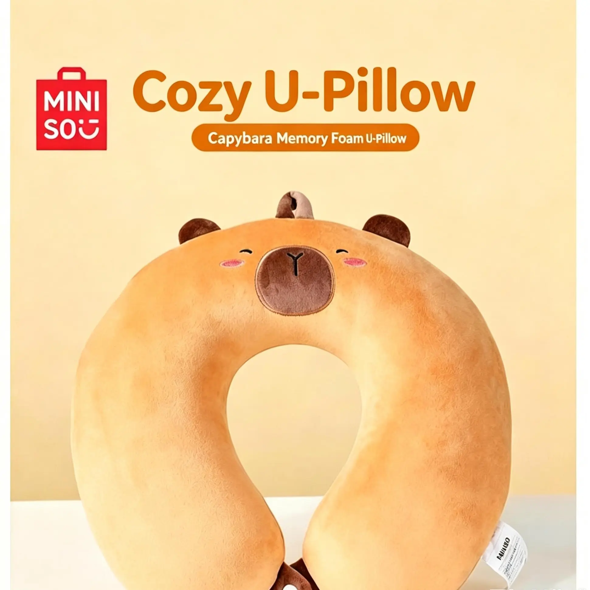MINISO Capybara Polyester Memory Foam U-Shaped Neck Pillow, Cute Shape Unisex Travel Cushion with Neck Support，Back To School