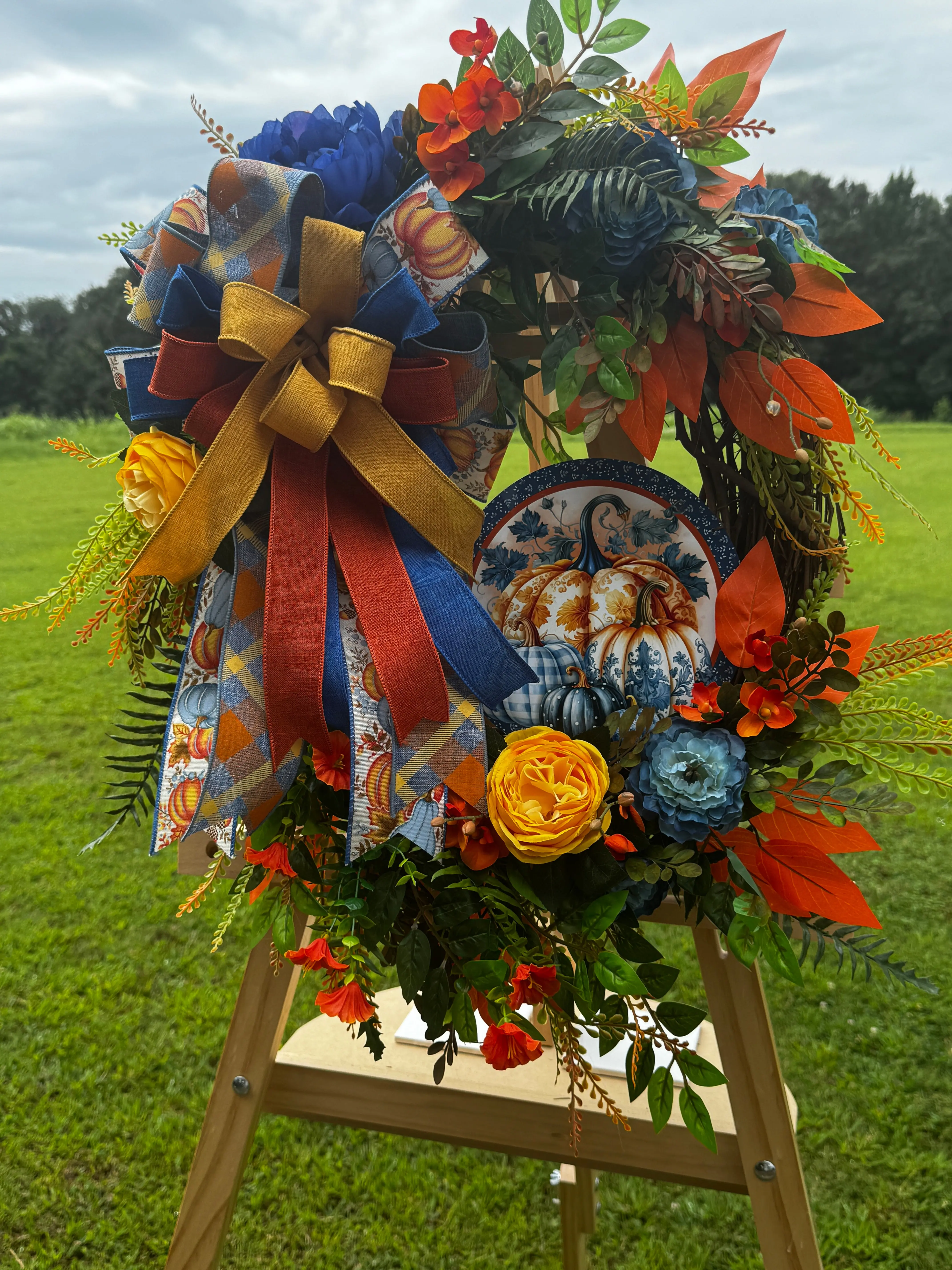 Blue & Orange Pumpkin Fall Wreath | Handmade Autumn Front Door Wreath | Navy Pumpkin Door Decor | Thanksgiving Wreath