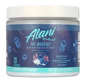 Alani Nu Pre-Workout Supplement Powder for Energy, Endurance, and Pump, Breezeberry, 7.2oz, 20 Servings - Dietary Supplement - Edible
