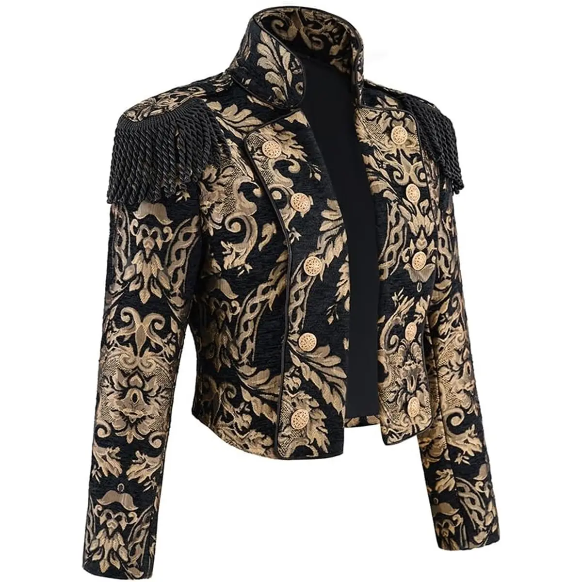 Women‘s Gothic Steampunk Stand Collar Jacket Black Gold Victorian Cropped Short Coat
