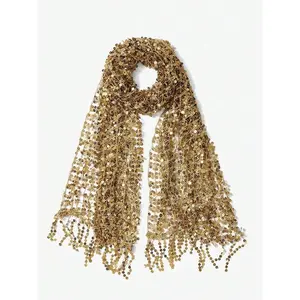 SXY Solid-Color Fringe Scarf/Shawl in Gold with Sparkly Finish, Trendy for Parties and School, Made of Gold PVC