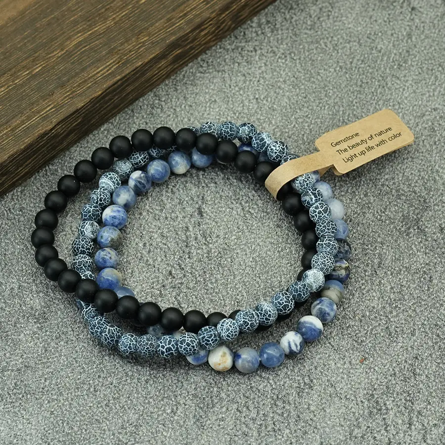 Hiphop Rock 3Pcs/Set 6mm Stone Beaded Bracelet Man Mix Color Beads Elastic Meditation Braslet Thanksgiving Day Homme Gift Joias