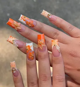 Orange French Tip Square Nails, Zebra 3D Flower Designs, Summer Press On Nails, Colorful Handmade Y2K Nail Art, Handmade Press ons, Vacation