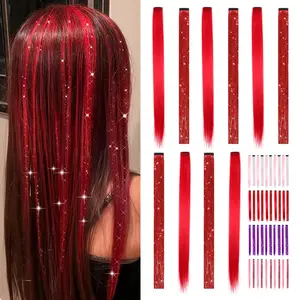 Synthetic Clip Hairpiece, Clip-in Synthetic Fiber Spark Hair Tinsel Extensions, 10Pcs 22In Double Pack (5 Glitter + 5 Solid Pink Pieces), Fairy Hair Accessories for Female Party Rave,