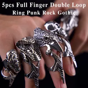 5pcs Gothic Punk Rings Full Finger Joints Knuckles Silvery Eagle Snake Skull Vintage Rings Jewelry for Women Men's Gift Size Adjustable Holiday Party Cosplay
