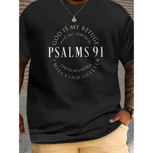 [ Psalms 91 Tee] Plus Size Crew Neck T-Shirt - Psalms 91 "God is My Refuge" Print, Casual Sports Style,Regular Fit, 180gsm - Black1