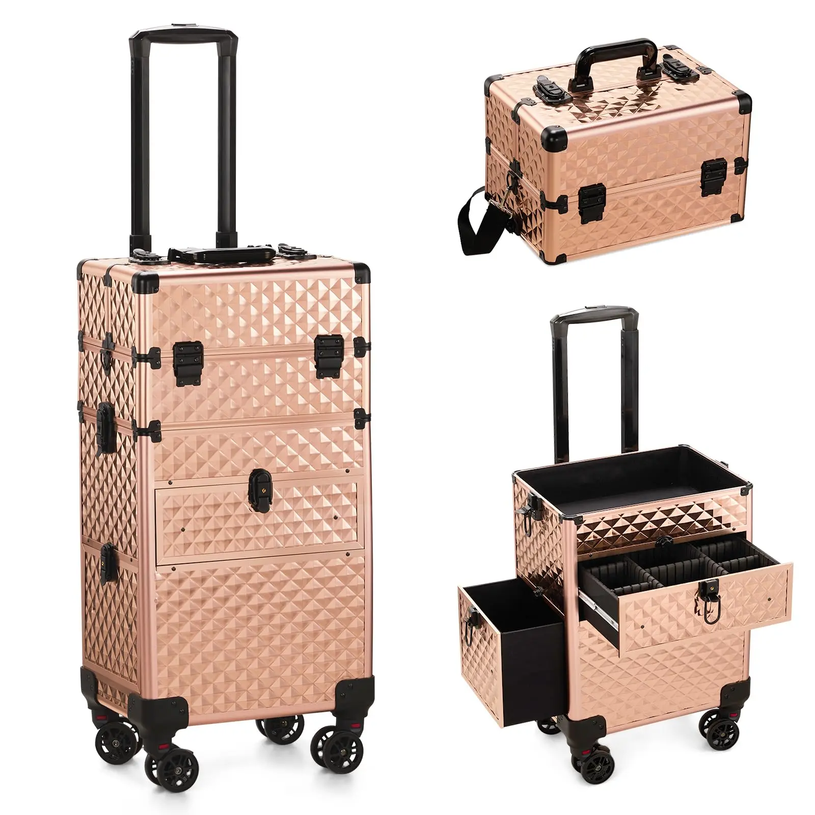 Makeup Trolley Case for Professionals, Champagne Gold Aluminum with Diamond Pattern, 2-in-1 Removable Storage, 360° Wheels for Easy Transport, 34x24x72.5cm, 360 Degree, 360 Rotation