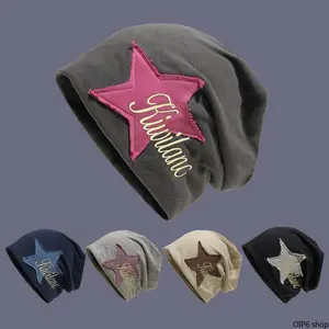 Star Patch And Letter Embroidery Knit Beanie For Unisex, Machine Washable Soft Fabric Headwear With Versatile Matching Performance, Practical Casual Hat Suitable For Daily Outfit Matching And Holiday Gift Preparation Scenes