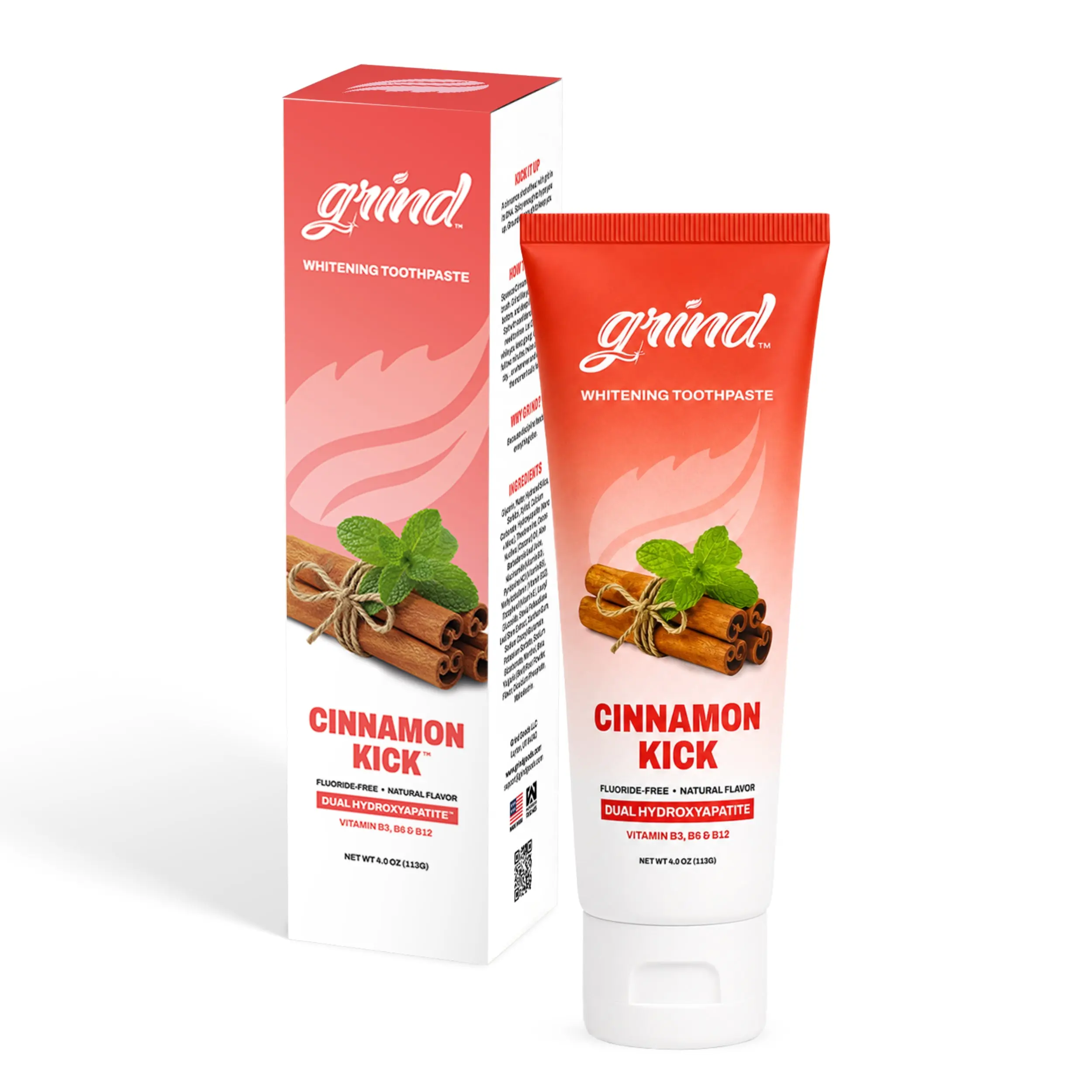 Grind Cinnamon Kick Fluoride-Free Daily Oral Care Toothpaste, Dual Micro-Nano Hydroxyapatite Whitening, Warm Cinnamon Flavor, Gentle for Sensitive Teeth, Cosmetic Vitamins-Infused, 4oz
