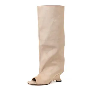 Womens Wide Calf Knee High Boots Round Open Toe Block Heel Pull On Comfortable Fashion Lightweight Party Date Out Event Office Casual Boots