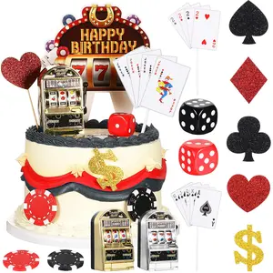 21 Pieces Casino Cake Decorations Set Includes Mini Slot Toy Machine Poker Cake Cupcake Topper Casino Happy Birthday Cake Topper Poker Chips Dices for Las Vegas Scene Theme Parties