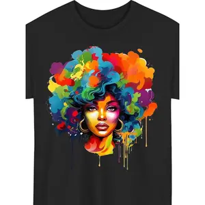 Women'S Afro Graphic Tee - Black Background With Colorful Afro - African American Melanin Pride BLM Shirt - Soft Round Neck Streetwear Top For Women & Girls - Bold African American Beauty Apparel