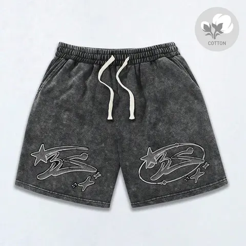 Men's Vintage Snow-Faded Distressed H-Type Knitting Cotton Casual Jorts - Baggy, Soft Fabric, American Graphic, Y2K Trending, Streetwear Basketball Apparel