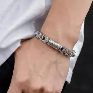 S925 925 Silver vintage Men's thick paragraph domineering simple Europe and the United States hip-hop hand water ripple irregular sterling 925 Silver bracelet Christmas, banquets, New Year's men, Hip-Hop Statement
