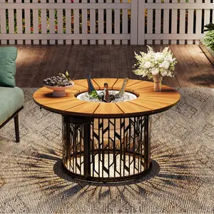 【CategorySelect】ONBRILL Outdoor Solar-Light Coffee Table with 3.3 Gallon Ice Bucket, 31.5 Inch Patio Cooler CoffeeTable with Led Light, HDPS Round Side Table with Metal Base for Outside, Porch, Backyard
