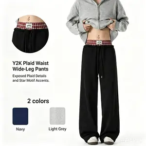 TikTok viral plaid double-waist wide-leg sweatpants for women, high-waisted baggy black casual streetwear pants, Y2K style