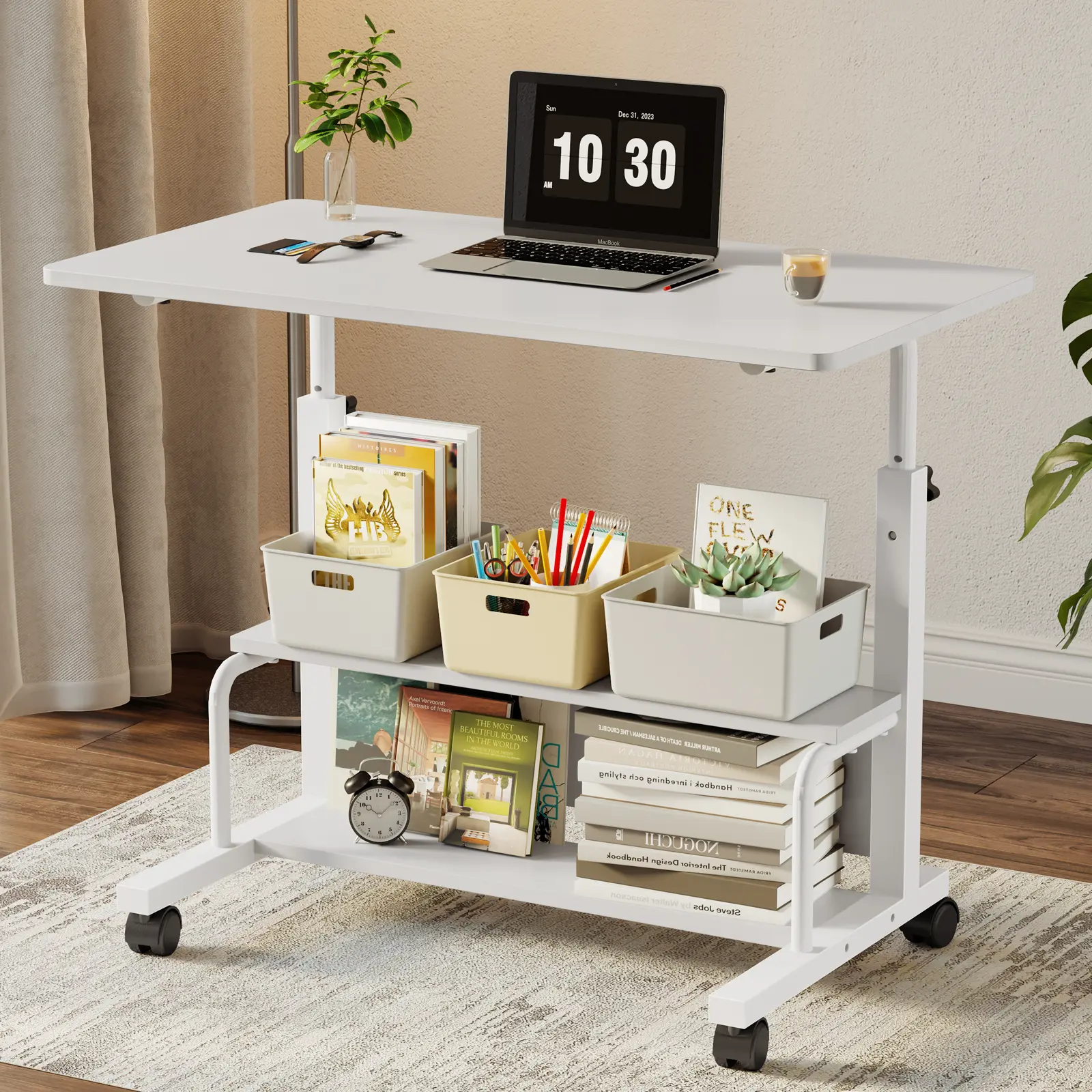 Adjustable Height Mobile Computer Desk with Wheels and Storage for Small Space Home Office Bedroom Sofa Side Table Rolling Laptop Workstation Portable Study Writing Gaming Table White Size 31.5x15.7 Inch