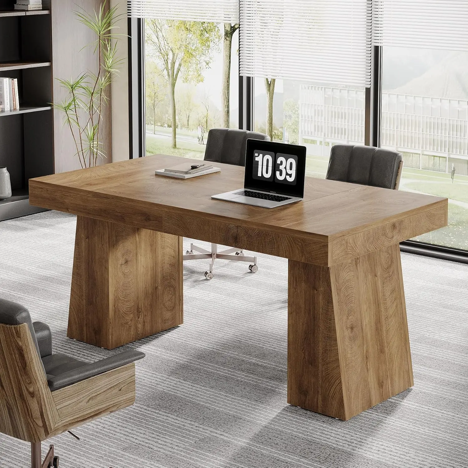 LITTLE TREE 55 Inches Executive Desk, Mid-Century Modern Home Office Desk with Double Trapezoid Base, Wood Computer Desk Business Workstation Desk Small Conference Table