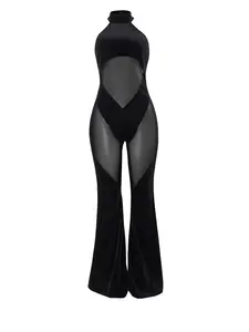 Women's Sheer Flare Leg Halter Neck Tulle Jumpsuit, Solid Sleeveless Drop Waist Jumpsuit For Summer, Fashion Ladies Clothes For Party Club