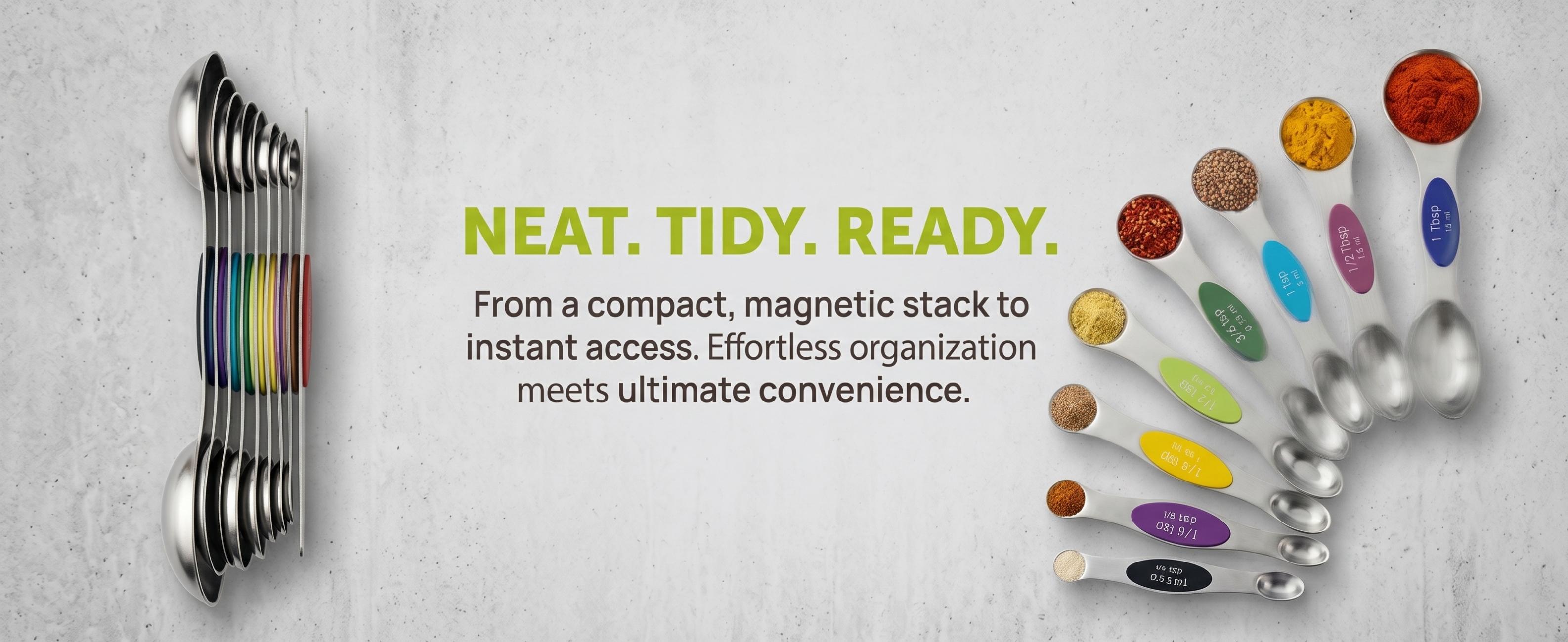 9Pcs Magnetic Measuring Spoons with Leveler, 430 Stainless Steel Double-Sided, Color Coded Stackable Kitchen Tools for Baking, Cooking, Dishwasher Safe