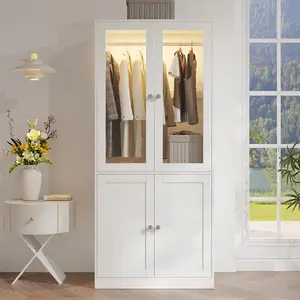 VOWNER Modern 4-Door Glass Wardrobe with Visible Glass Doors, Durable Hardware Clothes Rail, Cushioning Hinges & Anti-Tipping Device for Safe Storage