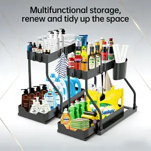 Under Sink Organizer 2-Tier Sliding Pull-Out Storage Basket, Sturdy Frame, Space-Saving for Kitchen Bathroom Laundry