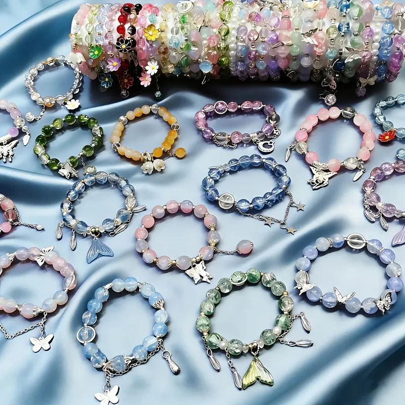 11Pcs Women's Glass Bead Bracelet Set with Flower Butterfly Pendants - Adjustable Elastic Cord Suitable for Wedding,, Everyday Jewelry Gift, Bling Bling for Valentine's, Christmas, New Year, Bling Bracelets & Bangles, Bead Detail Bracelets & Bangles