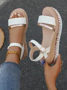 Summer Dressy Platform Sandals, Elegant Open Toe Textile Knot Heel Thick Sole Roman Sandals with Nail Decorations, Comfortable Elegant Beach Slippers