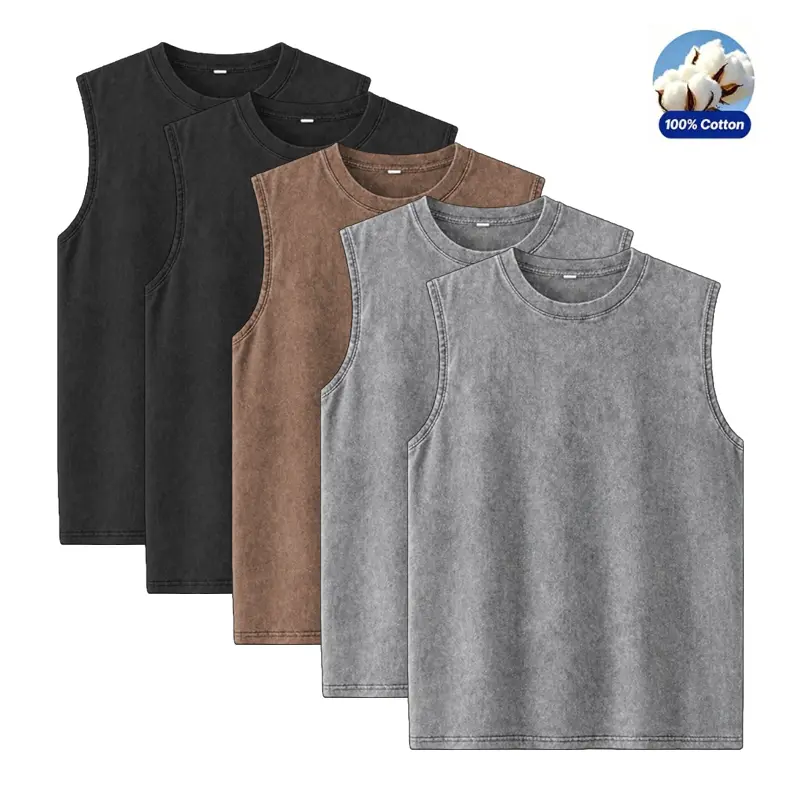 Men’s 5-pack vintage washed sleeveless tank tops, pure cotton fabric with a loose fit, casual crew neck athletic tanks suitable for the gym, fitness training, shaping workouts, and streetwear; summer vibe styling. Men’s 5-pack vintage washed sleeveless tank tops, pure cotton fabric with a loose fit, casual crew neck athletic tanks suitable for the gym, fitness training, shaping workouts, and streetwear; summer vibe styling.