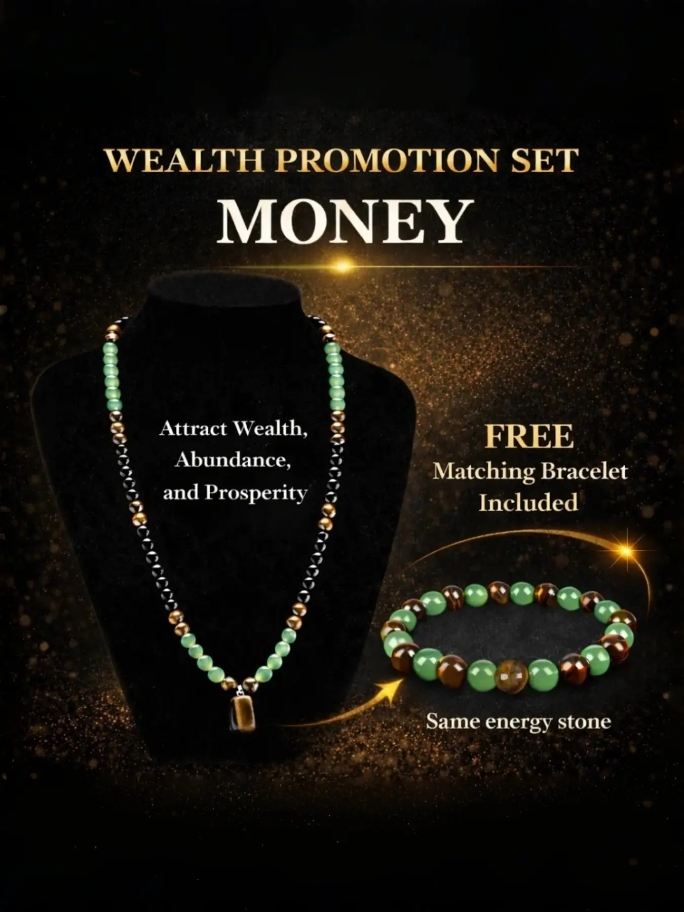 [Buy 1 Get 1 Free] Money Attraction Necklace Set with Green Aventurine & Tiger Eye Pendant Healing Crystal Energy Stone ,Matching Bracelet Wealth Abundance Prosperity Crystal Jewelry Unisex Gift for Men Women