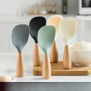 Silicone Spoon with Wooden Handle, 1 Count Heat-insulation Heat-resistant Spoon for Rice Cooker, Practical Kitchen Tool for Home Restaurant, Kitchen Utensils Gadgets