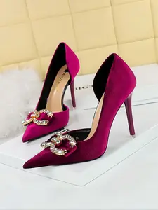 Luxurious Velvet Pointed Toe Stiletto Heels, Rhinestone Buckle, Spring & Fall Casual Sparkly Party Shoes, Elegant High Heels for Women, Elegant Heeled Shoes, Glittering Stiletto Pumps