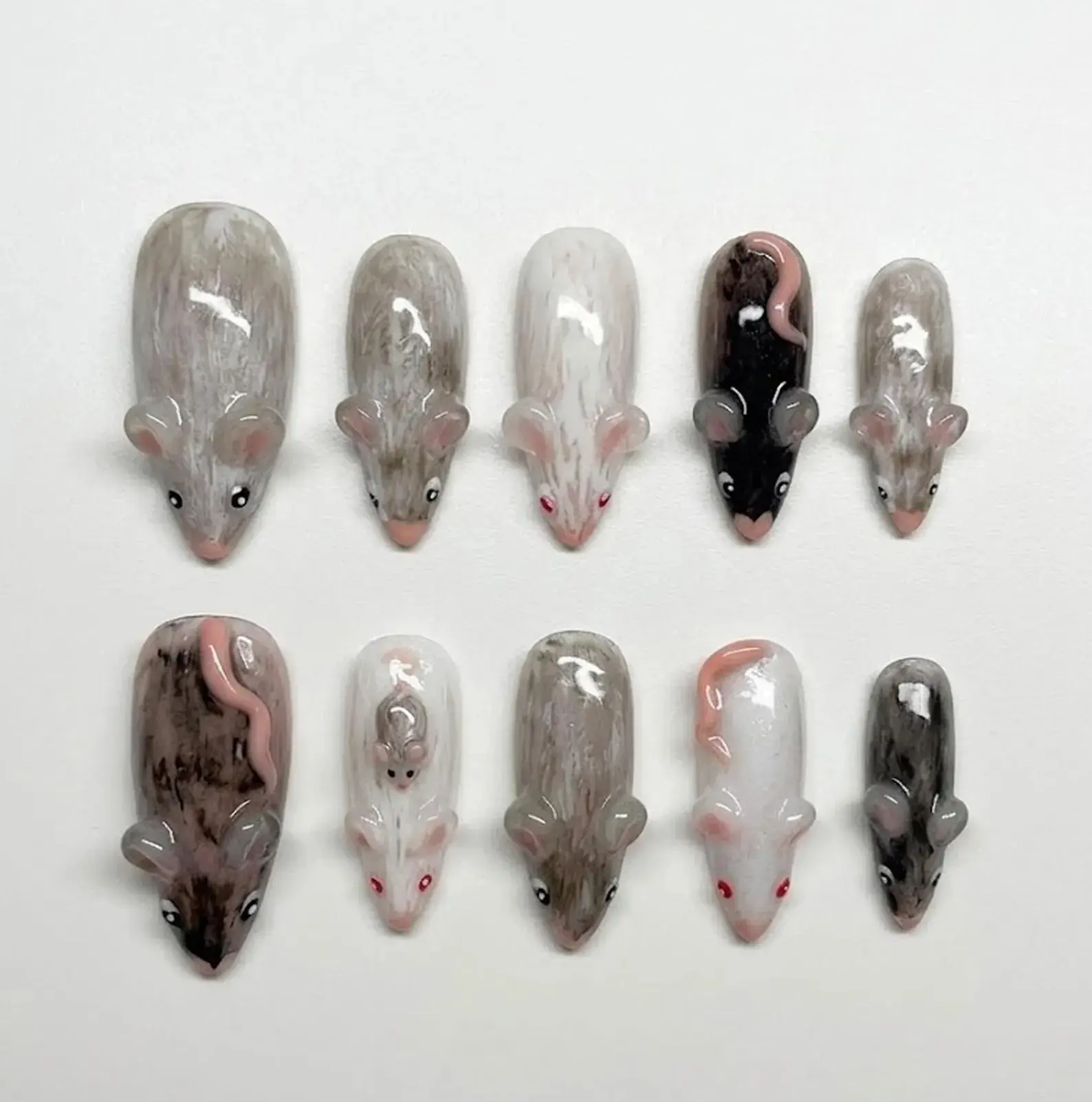 Handmade Press On Nails | Cute 3D Rats & Mice | Sculpted Ears And Tails, Hand Painted Fur Patterns, Kawaii Pet Rodent Costume Nails Set