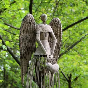 Antiqued Metal Garden Angel Statue with Star Wand or heart, Indoor Outdoor Angel Yard Art Decor Lawn Patio Decorations Holiday Decor Garden Art