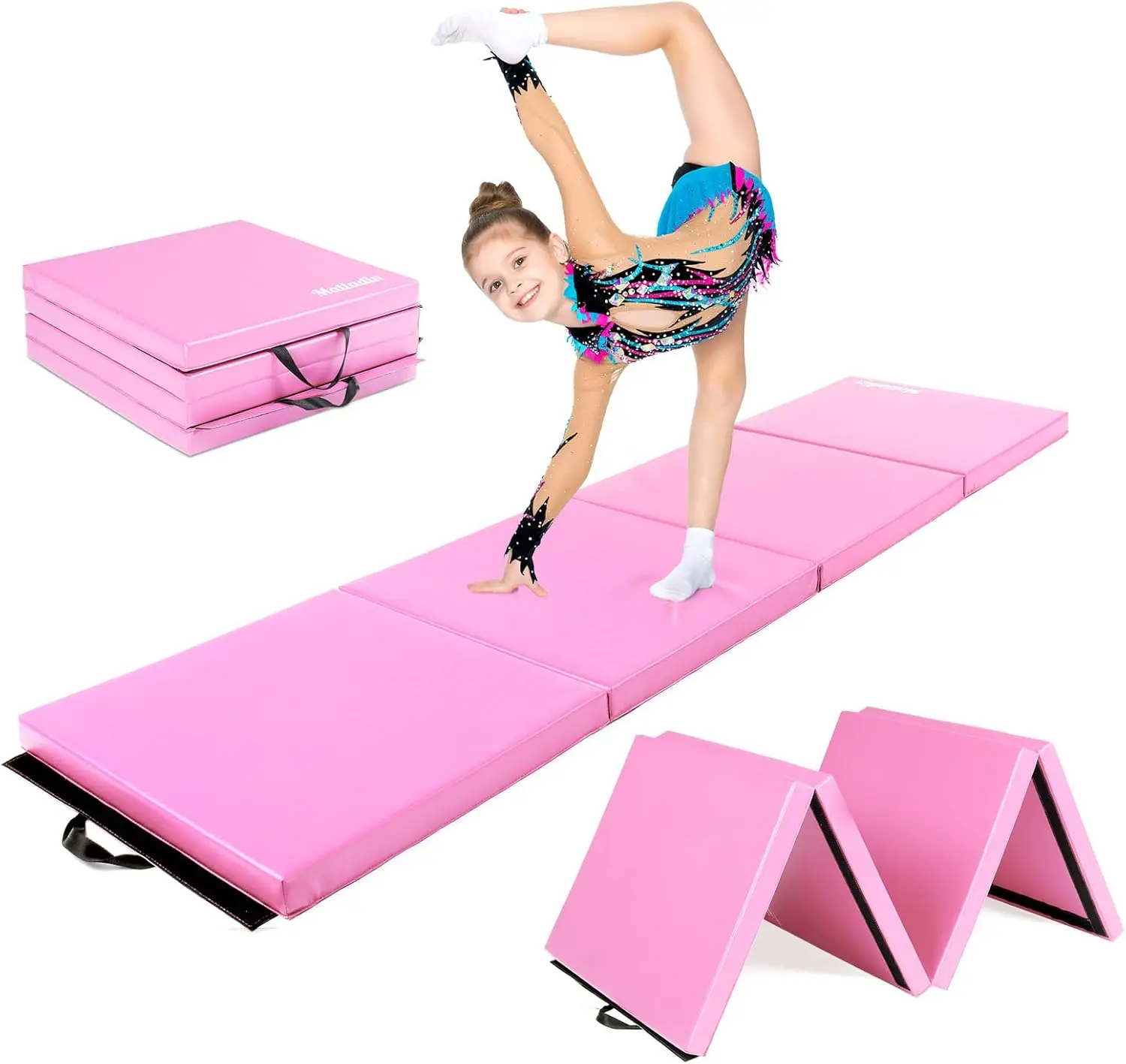 Matladin 8ft x 2ft Folding Gymnastics Mat, 2-Inch Thick PU Leather Tumbling Exercise Mat with Zippered Cover & Hook & Loop Fasteners, Exercise Mats