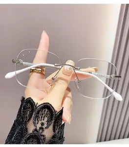 Rimless Cut Edge Photochromic Reading Glasses, Oversized Anti Blue Light Presbyopic Glasses, High-definition Plain Face Eyewear for Middle-aged Elderly Wholesale