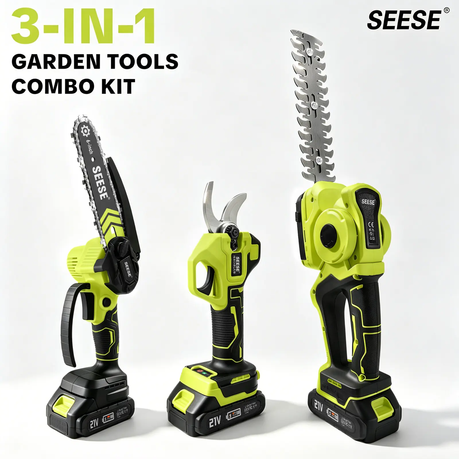SEESE Cordless Garden Tool Combo Kit with Electric Pruning Shears, 900W Mini Chainsaw with Automatic Oil System & Electric Hedge Trimmer | 21V Battery Powered Tools for Tree Trimming, Branch Cutting, Yard Work & Gardening